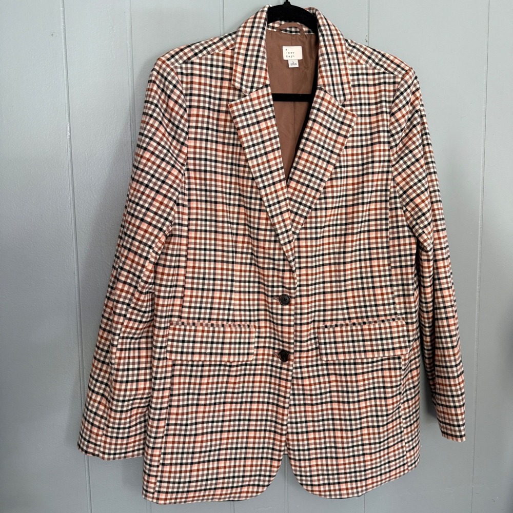 Womens L Plaid Blazer Oversized Brown Pink Gingham Check Office Dark Academia